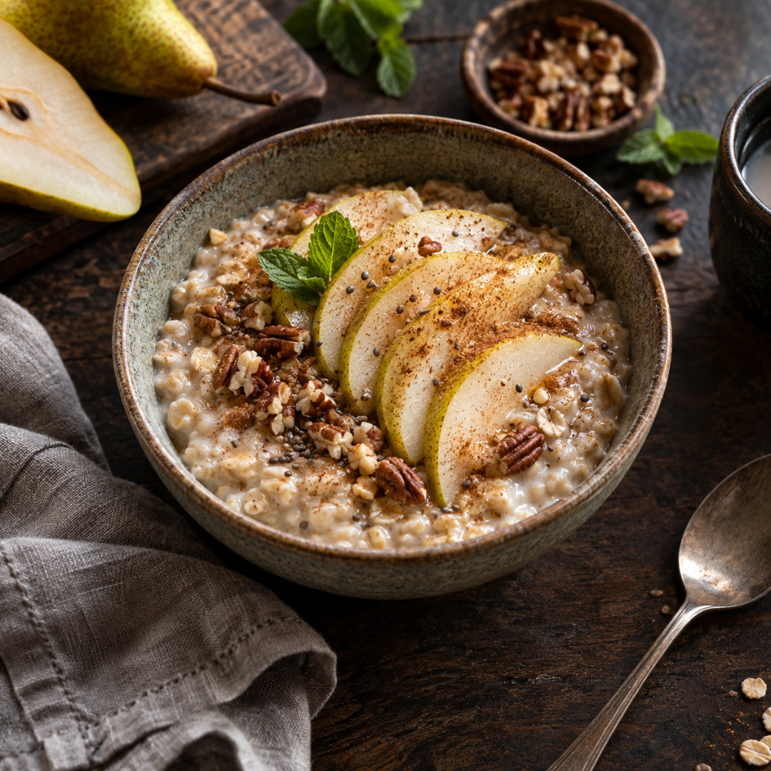 Peer-kaneel oats: een warm ontbijt met een andere topping